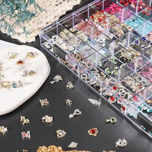 Noverlife 36 Grids Clear Plastic Jewelry Organizer Box, Nail Charm Holder Double Buckle Bead Organizer Storage Container Box, Empty Nail Box Organizer Earring Display Case Acrylic Bead Box for Women - size: 36 Grids - 1 Pack