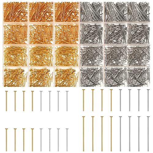 Junkin 2800 Pieces Flat Head Pins for Jewelry Making DIY, Head Pins Set 0.63 Inch, 0.71, 0.79, 1.18 Inch Earring Bracelet Pendant Jewelry Making(Gold, Silver) - color: Gold, Silver