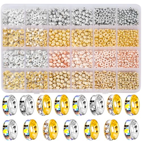 Goldwise Spacer Beads for Jewelry Making, 1280pcs Assorted Round Star Rondelle Heart Gold and Silver Beads for Bracelet Jewelry Making & DIY Crafts - size: Spacer Beads