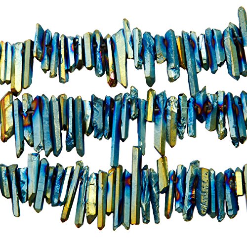 SUNYIK Blue/Gold Titanium Coated Crystal Points Quartz Rough Sticks Spikes Point Beads 15 inch Strand Drilled - color: Blue/Gold(Rough), size: 0.4"-1.3"