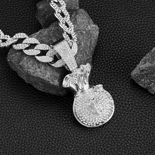 Ice Out Chain for Men Premium Zircon Stones Hypoallergenic Durable Hip-Hop Streetwear Chain Necklace Men - color: Silver, style: Dollars Bag