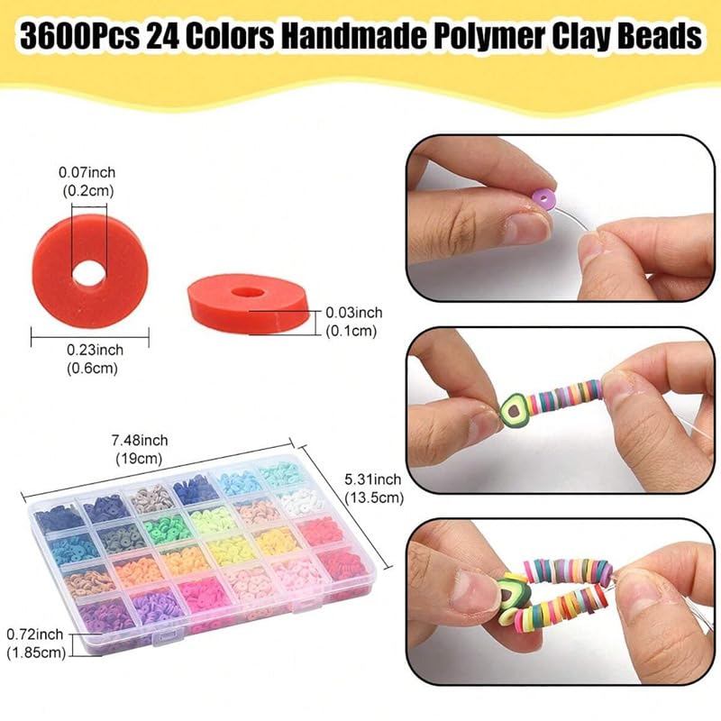 24 Colors 3600 Pcs Clay Beads Kit for Bracelets Making, Flat Round Polymer Spacer heishi Clay Beads for Craft and Jewelry Making - color: Pure Clay Beads Set-about 3600pcs