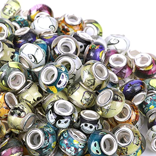 100 Pieces 14mm European Large Hole Spacer Beads Mix Color with Silver Brass Cores Assortments Charm Lampwork Beads Supplies for Necklace Bracelets Jewelry Making (Halloween Pattern) - color: Halloween pattern