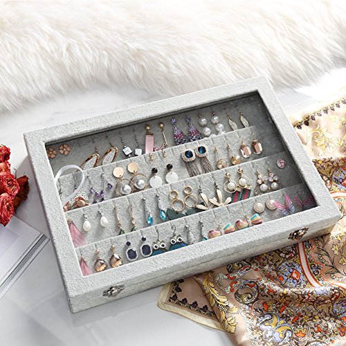 Wudygirl Velvet Jewelry Organizer Clear Lid Earring Holder Organizer 32 Pairs Earrings Storage Stud Tray Showcase Display Case（Earring Storage） - style: Earring Tray