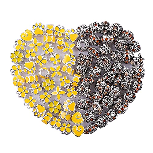 60 Pieces Assorted European Beads with Plating Silver Metal Alloy Rhinestone Large Hole Spacer Beads for DIY Charm Bracelet Jewelry Making (Lemon) - color: Lemon