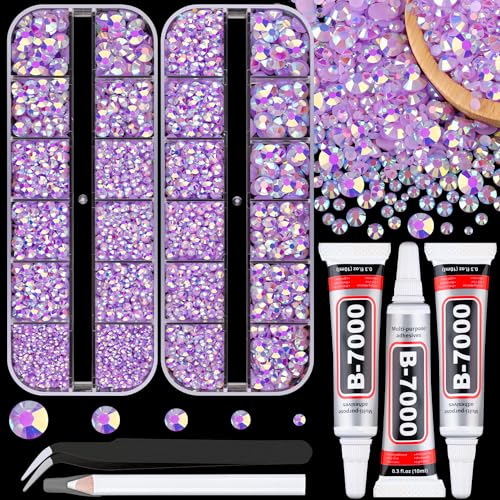 Resin Jelly Rhinestones for Crafting with B7000 Jewelry Glue, 2 Boxes Light Purple AB Flatback Crystals with 3Pcs 10ml Glue, Bedazzling Non Hotfix Gems for DIY Tumblers Clothing Shoes Manicure - color: Lavender Purple AB, size: 2 Small Pack + Glue
