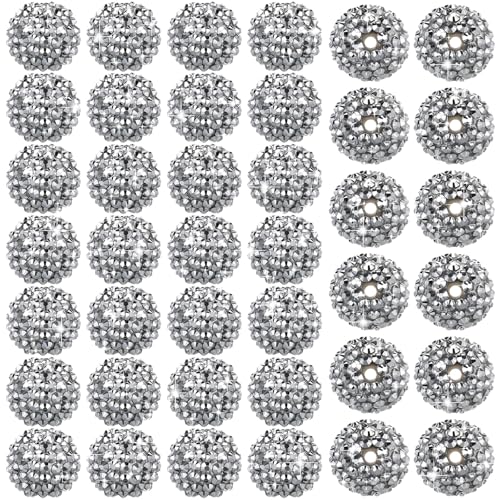 40 Pcs 20 mm Rhinestone Beads Bulk Crystal Round Disco Ball Chunky Bubblegum Beads for Pens Bracelets Charms Craft European Style Jewelry Making Supplies Christmas(Silver) - color: Silver