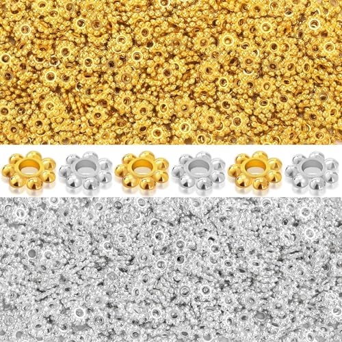 Augshy 700 Pcs Silver and Gold Daisy Flower Spacer Beads for Jewelry Making, Crafts, Hair Beads, Friendship Bracelets, Birthday Party Decorations - style: Flower Style