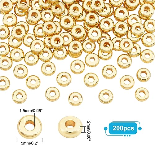PH PandaHall 200pcs 18K Gold Plated Beads 5mm Flat Disc Spacer Beads Metal Heishi Bead Loose Bead for Summer Stackable Necklace Bracelet Jewelry Making DIY Craft - size: 5mm