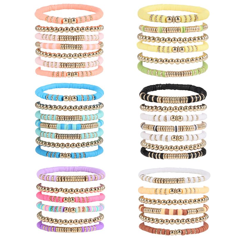 Pingyongchang Heishi Gold Beaded Bracelets Set for Women Men Bohemian Polymer Clay Colorful Surfer Vinyl Disc Stretch Layering Stackable Friendship Boho Bracelet Summer Beach Jewelry Gifts - color: Black