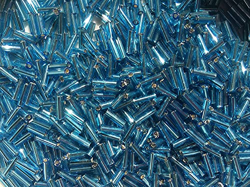 Czech Bugle Beads 40 gr / 1.4 oz Glass Tube Size #3 7mm (Light Blue Silver Lined/Turquoise) - color: Light Blue Silver Lined / Turquoise