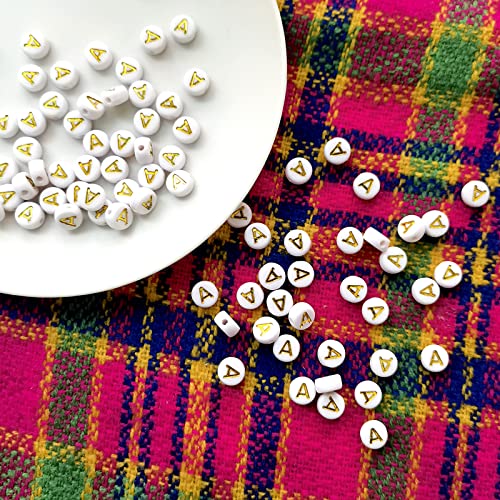 Amaney Vowel Letter Beads A 100pcs 7x4mm White Round Acrylic Gold Alphabet for Bracelet Jewelry Making - color: Gold-A
