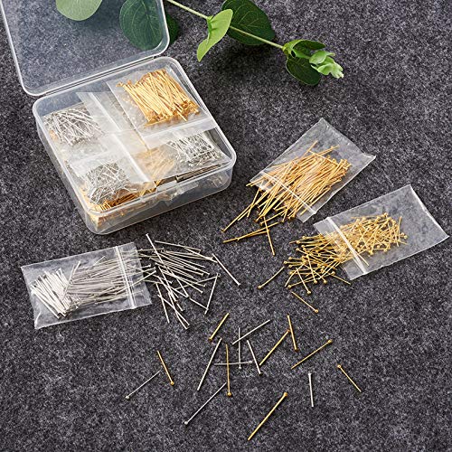 Craftdady 1600Pcs Flat Head Pins Ball Point Headpins 2 Colors Metal Wire Needle Pin Set for Earring Pendant Jewelry Necklace Bracelet Making (18mm/20mm/24-25mm/30mm) - color: Gold & Platinum, Flat & Ball Head Pins