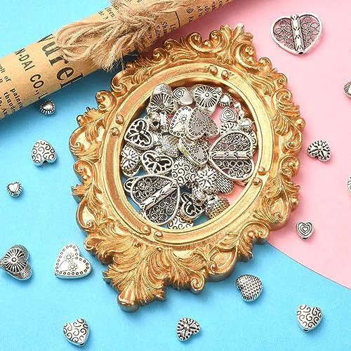 DanLingJewelry 100Pcs 10 Styles Tibetan Alloy Antique Sweet Love Heart Beads Heart Spacer Beads for Valentine's Day Jewelry Making - color: 100pcs - heart I - 10 styles
