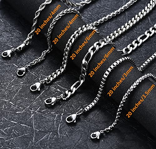 6 Pcs Silver Chains, Stainless Steel Cuban Link/Rope/Box/Figaro/Square Rolo/Wheat Chain Necklace Jewelry Set for Men Women - color: 20 inches