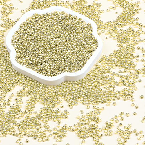 8/0 Glass Seed Beads Bulk, Bright Gold 3mm Tiny Round Craft Seed Bead, Small Mini Pony Beads for Jewelry Making Bracelet Necklace Wrist Beading Weaving Supplies, 2500pcs - color: Bright Gold