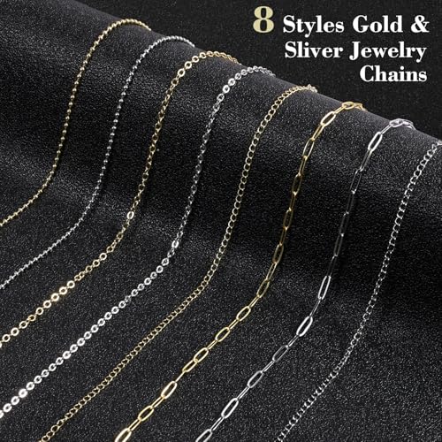 Zplontya 8 Rolls Necklace Chains for Jewelry Making 330PCS Include 26FT Gold & Silver Chains, Jump Rings, Clasps, Charms Pendants, Chains Connectors for DIY Permanent Bracelet & Jewelry Making