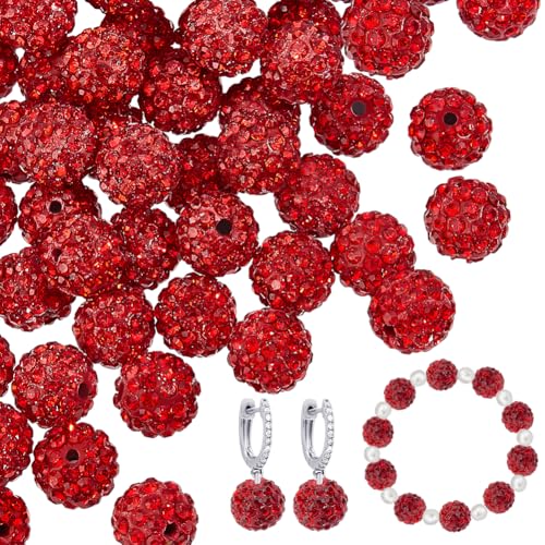 PH PandaHall About 100pcs 10mm Red Rhinestone Beads Polymer Clay Beads Crystal Beaded Stone Pave Disco Ball Clay Bead Round Diamond Bead for Necklace Bracelet Jewelry Making Party Decoration - color: Red