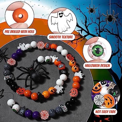 Tradder 200 Pieces Halloween Wood Beads Purple Orange Pumpkin Spider Black Cat Beads Craft for Halloween Home Decoration Jewelry Making DIY - style: Halloween