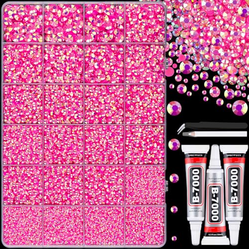 25000Pcs Resin Jelly Rhinestones with Tweezers for Crafting, Hot Pink AB Flatback Gems, Bedazzling Crystal with 3Pcs 10ml B7000 Jewelry Glue for DIY Crafts Clothing Tumblers Shoes Fabric Nail Art - color: Hot Pink AB, size: Large Pack + 3Pcs Glue