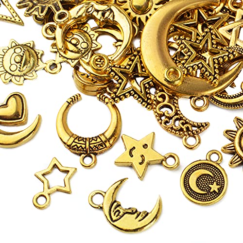 BronaGrand Celestial Pendant Charms,Sun Moon Star Cloud Charms Lightning Bolt Charms Jewelry Charms for Necklace Earrings Bracelet Jewelry - color: Gold/50g