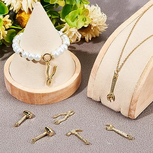 Beebeecraft 1 Box 8Pcs 4 Styles Mini Tool Charms Golden Wrench & Plier & Hammer Charm 18K Golden Brass Plated with CZ Crystal Stone Pendants for DIY Jewelry Making Arts Crafts