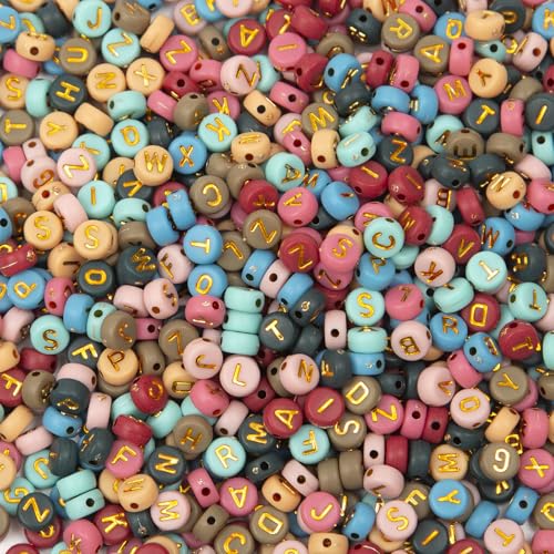 1000pcs 4x7mm Round Letter Beads Colorful Acrylic with Gold Letter Alphabet for Jewelry Making Friendship Bracelets (Gold) - color: gold