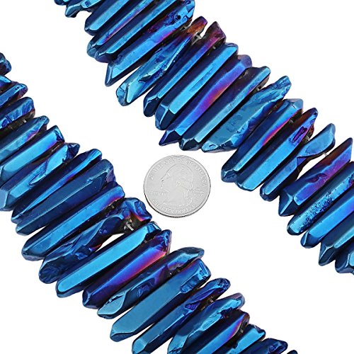 SUNYIK Deep Blue Titanium Coated Crystal Points Quartz Polished Sticks Spikes Point Beads 15 inch Strand Drilled - color: Deep Blue/Purple(Polished), size: 0.5"-1.6"