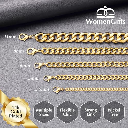 WomenGifts Cuban Link Chain Necklace for Women, Waterproof 14k Gold Silver Plated Chain Choker, Non Tarnish Stainless Steel Jewelry, 3.5/5/6/8/11mm,14/16/18 Inch Thin&Chunky&Thick - color: Gold, style: 6MM-18"