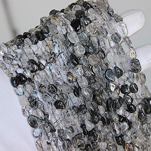 MJDCB Natural Irregular Shape Stone Beads 6-8mm Black Quartzrutilated Gemstone Energy Crystal for Jewelry Making Bracelet Necklace - color: Black Quartzrutilated