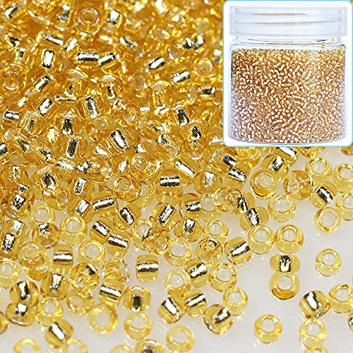 Bala&Fillic 12/0 Glass Seed Beads Gold Color Transparent Silver Lined Seed Beads About 10000pcs/110g in Box (Gold-Color) - color: Gold, size: 2mm