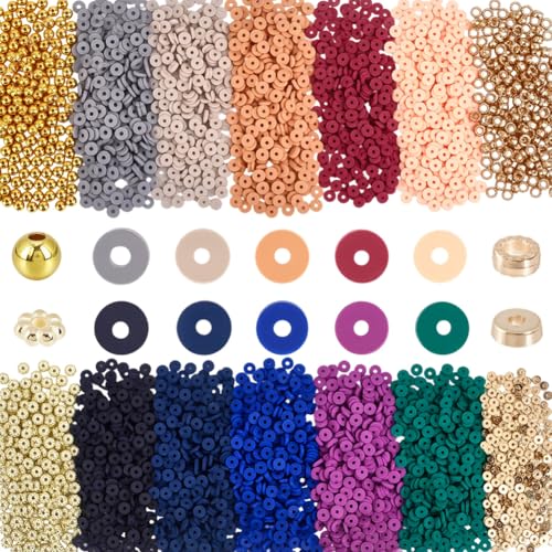 1 Box 4400PCS Assorted Small Heishi Beads with Holes Polymer Clay Plastic Disc Flat Round Handmade Mixed Color Spacer Bead Kit Bulk for Jewelry Making Necklace Adult DIY Craft Supplies