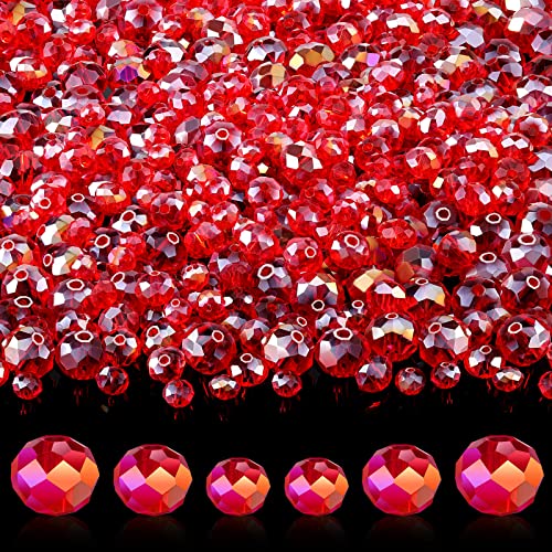 WILLBOND 600 Pcs Crystal Glass Beads for Jewelry Making Bulk Suncatcher Faceted Rondelle Loose Gemstone for Valentine's Day, Irish Holiday, Easter Bracelet DIY Crafts 8mm, 6mm, 4mm(Red AB Color) - color: Red AB Color