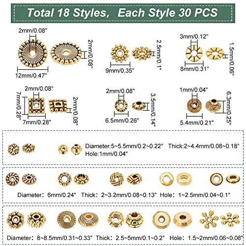 PH PandaHall 540pcs Antique Golden Spacer Beads, 18 Styles Tibetan Alloy Jewelry Beads Metal Spacers Charms for Bracelet Necklace Jewelry Making Supplies - color: 18 Styles Antique Golden - 540pcs