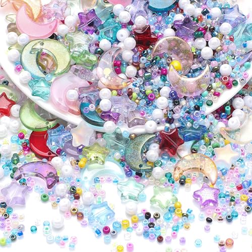 Mixed Star Moon Crystal Glass Beads Seedbeads Loose Round Pearl Beads for Jewelry Making Craft Bracelets Necklaces Earrings DIY Crafts Projects Mix Color Glass Spacer Bead Kits for Crafts - color: Mix Color