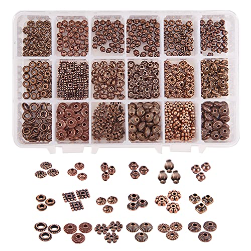 PH PandaHall 540pcs Tibetan Spacer Beads 18 Styles Red Copper Spacer Beads Flat Alloy Bead Spacers Jewelry Loose Beads Metal Craft Beads for Bracelet Necklace Jewelry Supplies - color: 18 Styles Red Copper - 540pcs