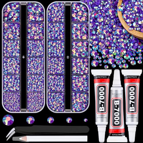 Resin Jelly Rhinestones for Crafting with B7000 Jewelry Glue, 2 Boxes Dark Purple AB Flatback Crystals with 3Pcs 10ml Glue, Bedazzling Non Hotfix Gems for DIY Tumblers Clothing Shoes Manicure - color: Dark Purple AB, size: 2 Small Pack + Glue
