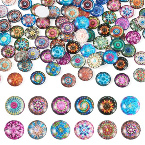 100Pcs/Set Flat Round Transparent Glass Cabochons with Pattern Eye Flatback Glass Dome Flatback Cab Beads for Photo Cameo Jewelry Making Necklace Ring DIY Crafts 12x4mm Random Flower - color: 100Pcs-12x4mm-Random Flower