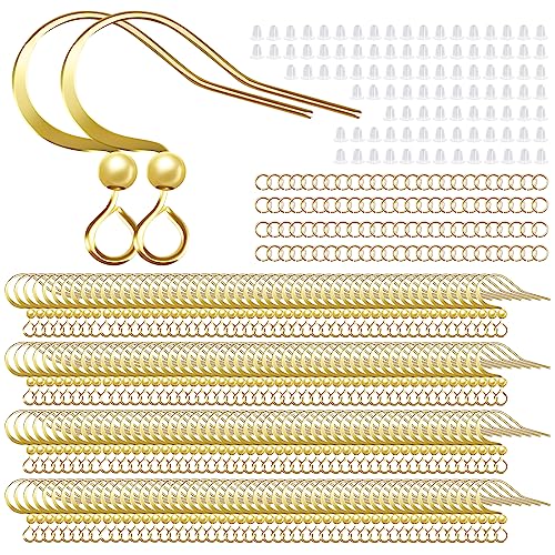 160 PCS/80 Pairs 14K Gold Tone Plated Earring Hooks Hypoallergenic Ear Wires Fish Hooks with 100 PCS Clear Silicone Earring Backs and 100 PCS Jump Rings Gold Earring Findings for DIY Jewelry Making - color: C style-14K Gold Earring Hooks