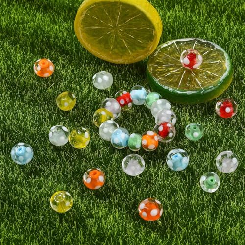 Stiesy Lampwork Glass Beads 28Pcs Mixed Color Polka Dot Round Spacer Beads for Jewelry Making DIY Bracelets Necklaces 7 Styles - color: Round-28pcs-7 Styles