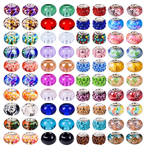 100 PCS Assorted European Beads with Copper Core Big Hole Glass Spacer No Copper Core Lampwork Colorful Beads Rhinestone Craft Beads for DIY Charm Bracelet Jewelry Making (Magnetic White Water Mark) - color: Magnetic White Water Mark