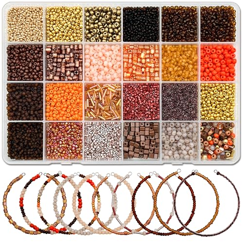 JINNBEY 24 Grids Mixed Style Seed Beads for Jewelry Making Kit, Glass Tubular Beads Glass Bugle Beads for Art and Craft Supplies, Beading Bracelet Set (with Memory Metal Wire)