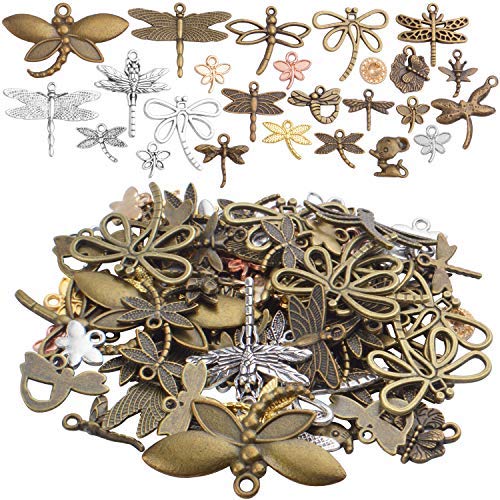 100g (50-80pcs) Mixed Styles Dragonfly Charms Tibetan Alloy Vintage Insect Pendants for DIY Necklace Bracelet Crafts Jewelry Making - style: Mixed Dragonfly Charms
