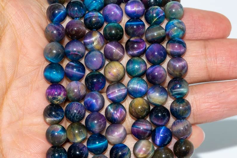 Natural Cat Eye Aurora Rainbow Tiger's Eye 6mm Smooth Round Beads Aka Galaxy Tiger's Eye Strand Smooth Plain Polished Round Ball Loose Gemstone Strand Beads, Jewelry Making 1 Strand 15 Inch
