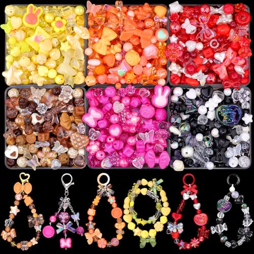 400-450PCS TINKRSTUFF Assorted Acrylic Beads, Mixed Cute Beads for Bracelet Making, Aesthetic Star Flower Bow Butterfly GummyBear Kawaii Charms for Jewelry Necklace Making DIY Keychain Phone Charm - color: 240g-6 Color Series-Red+Rose Pink+Black+Yellow+Or