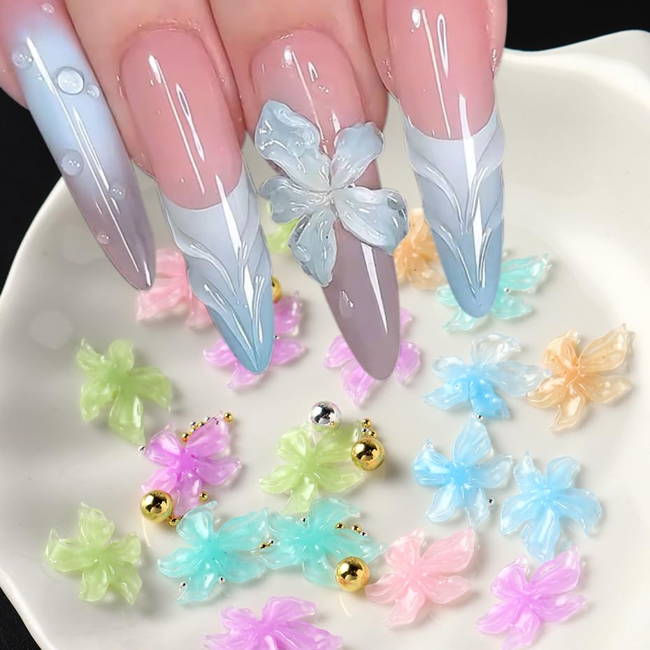 ONPRESS 100Pcs Flower Nail Charms 3D Colorful Floral Nail Gems Spring Summer Tiny Flowers Nail Rhinestones Supplies Cute Mixed Color Resin Hibiscus Nail Jewelry for Women DIY Acrylic Nail Decoration - color: pink
