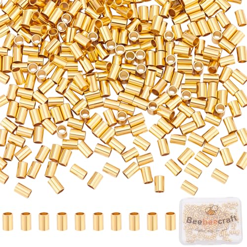 Beebeecraft 1 Box 300Pcs Tube Crimp Beads, 3x2mm Golden Stainless Steel Column Positioning Stopper Crimp Beads Cord End for Jewelry Making Bracelet Necklace - size: 3x2mm
