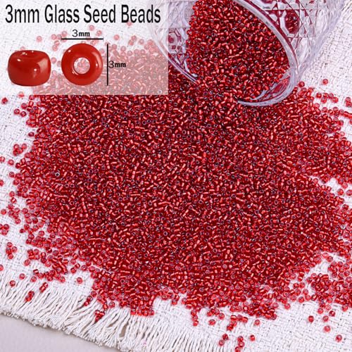 5000pcs Glass Seed Beads, 3mm 8/0 Small Individual Color Seed Beads Mini Pony Bulk for DIY Bracelet Necklaces Wrist Jewelry Making, Frosted Silver Red - color: Frosted Silver Red