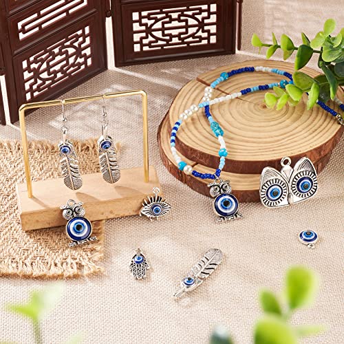 Cheriswelry Rhinestone Enamel Connectors Charm Links Evil Eye Alloy Metal Pendants Antique Silver Flat Round Hamsa Hand Owl Feather Heart Charm Pendant for Bracelet Necklace Jewelry Making - color: Antique Silver-Mixed Shapes