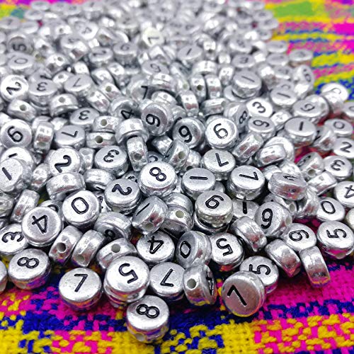 Amaney 500pcs Silver Acrylic Number Beads 7x4mm Mixed Number Beads Acrylic Plastic Round Shape Loose Beads - color: Silver, size: 7x4mm